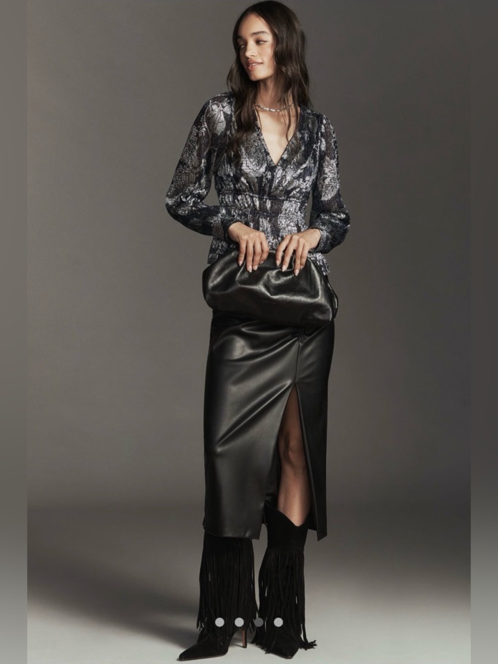 Anthropologie Black Navy and Silver Metallic Floral V-Neck Peplum Blouse - Picture 4 of 17